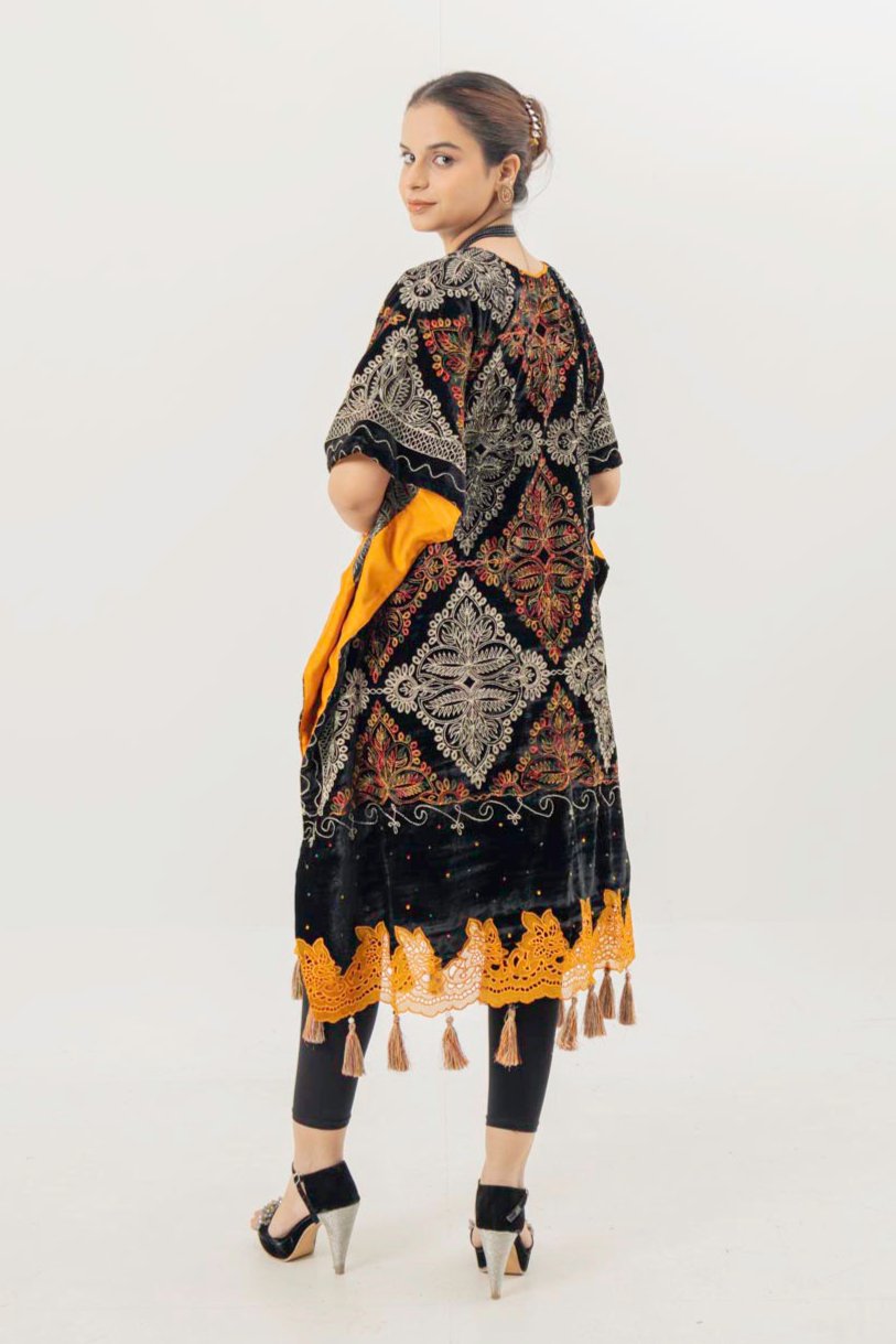 MULTI- COLOR EMBROIDERED BLACK VELVET KAFTAN