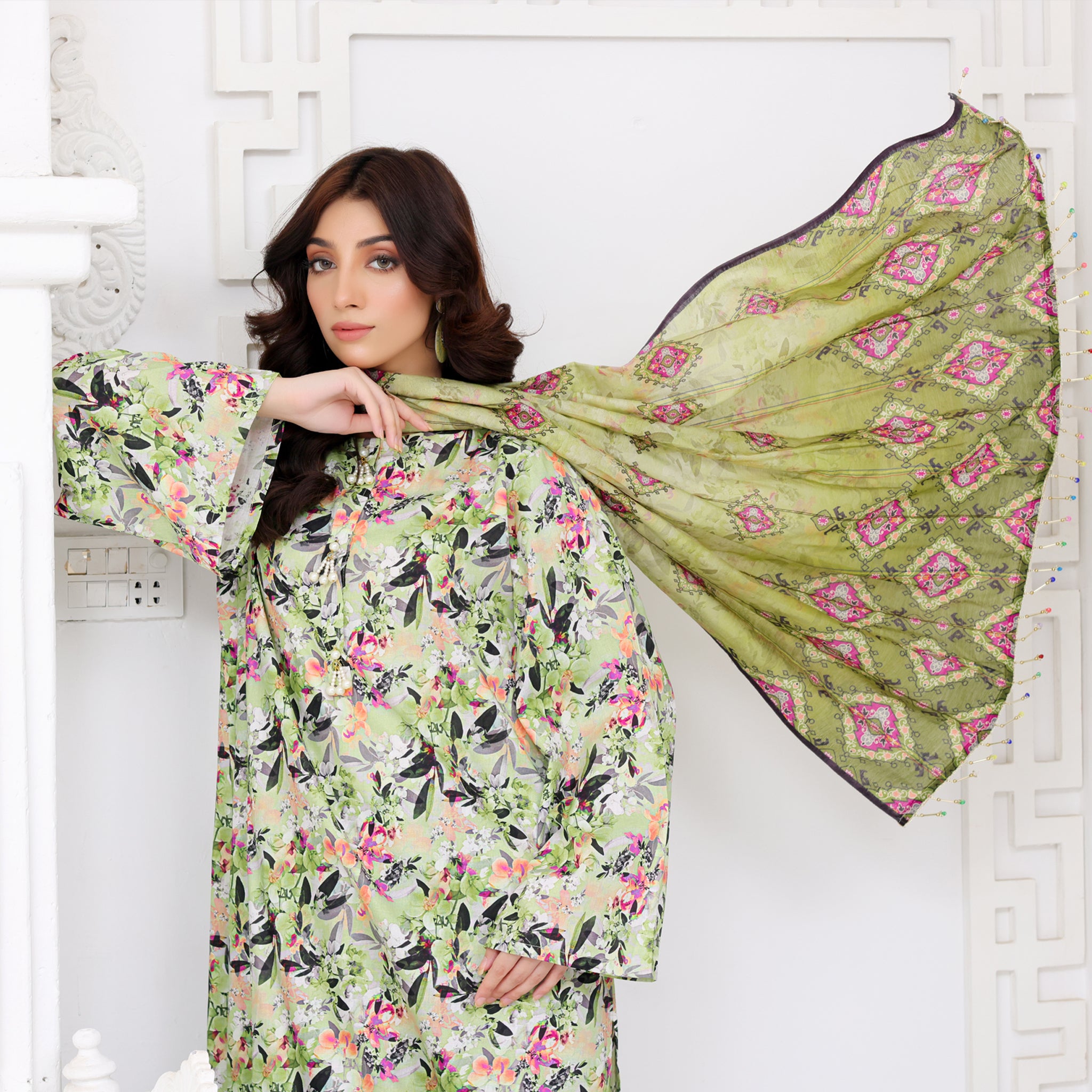 Olive Blossom Kurta 3-Pcs Suit
