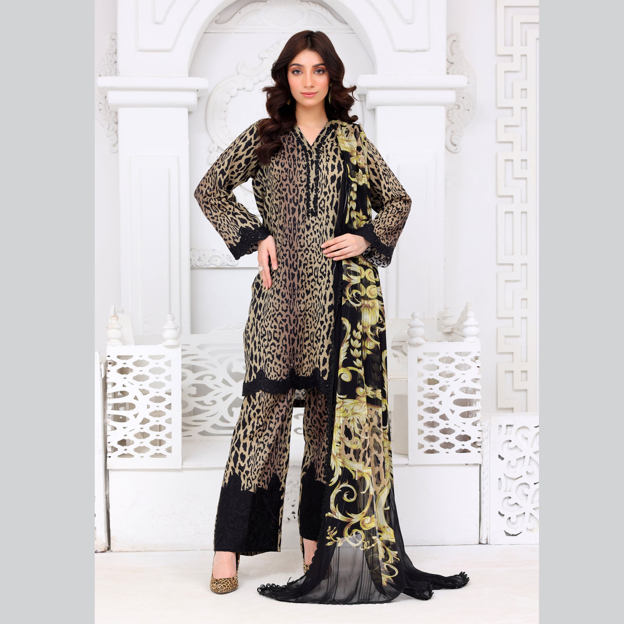 Black & Gold Leopard Print 3 Pcs Dress