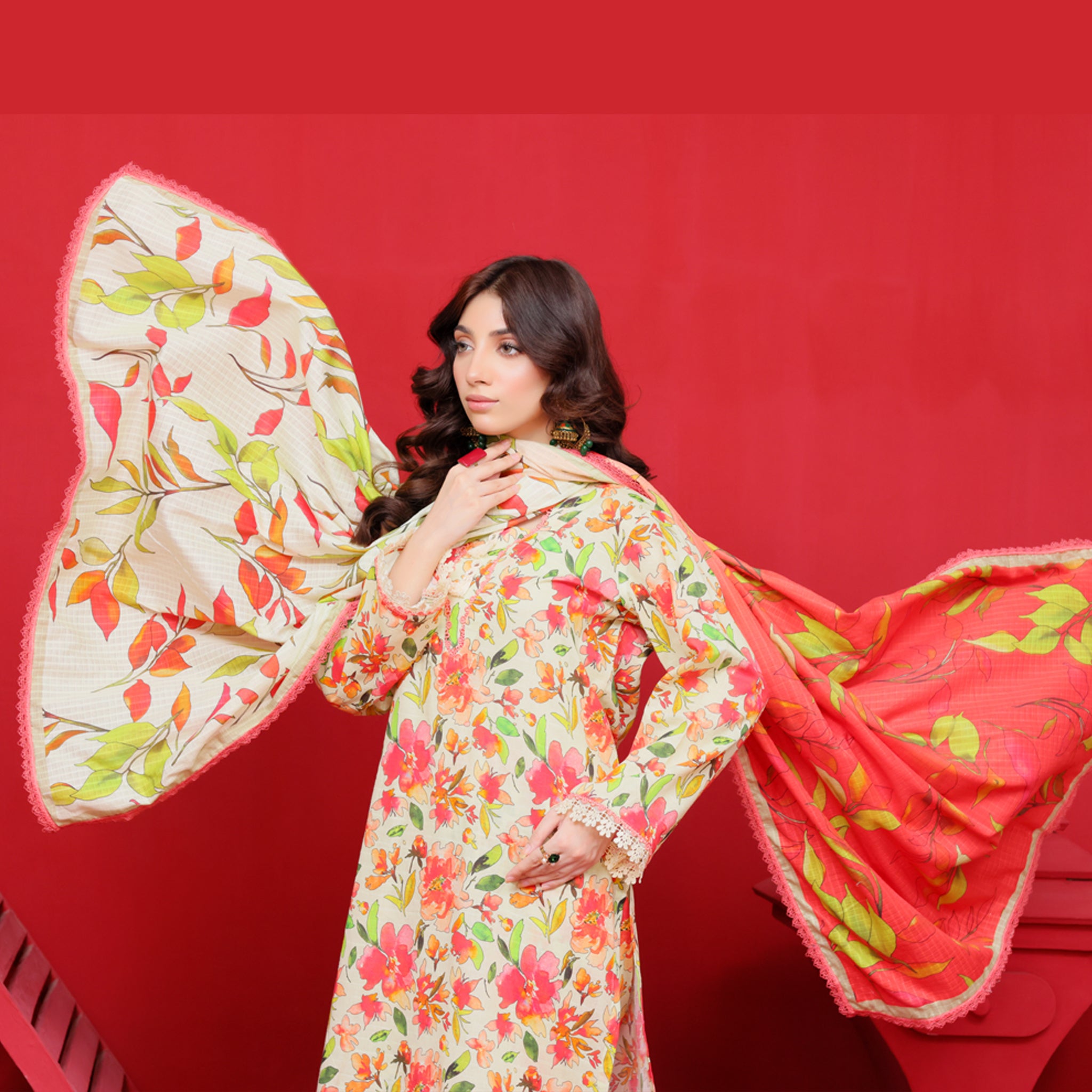 Orange Floral Bloom 3 Pcs Suit