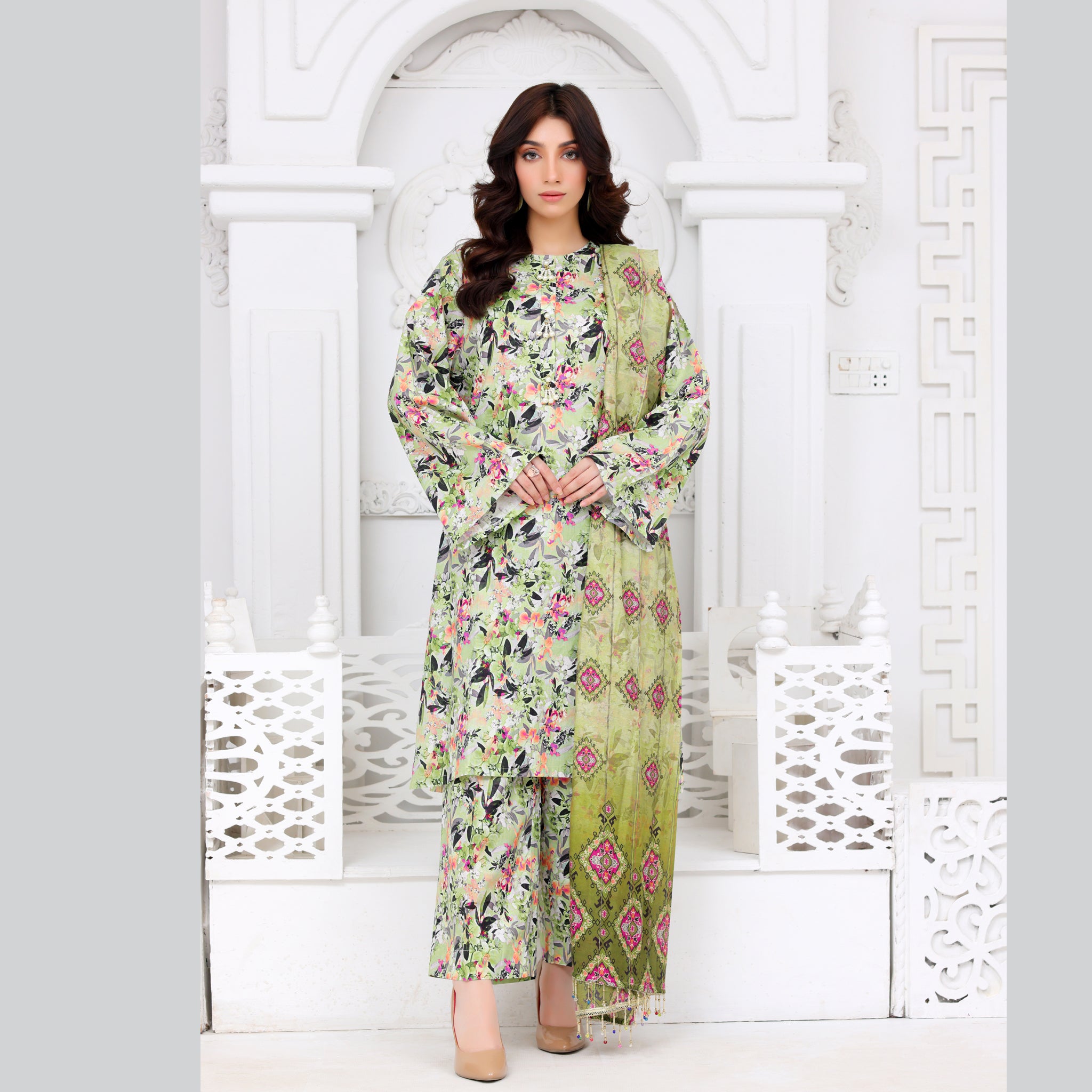 Olive Blossom Kurta 3-Pcs Suit