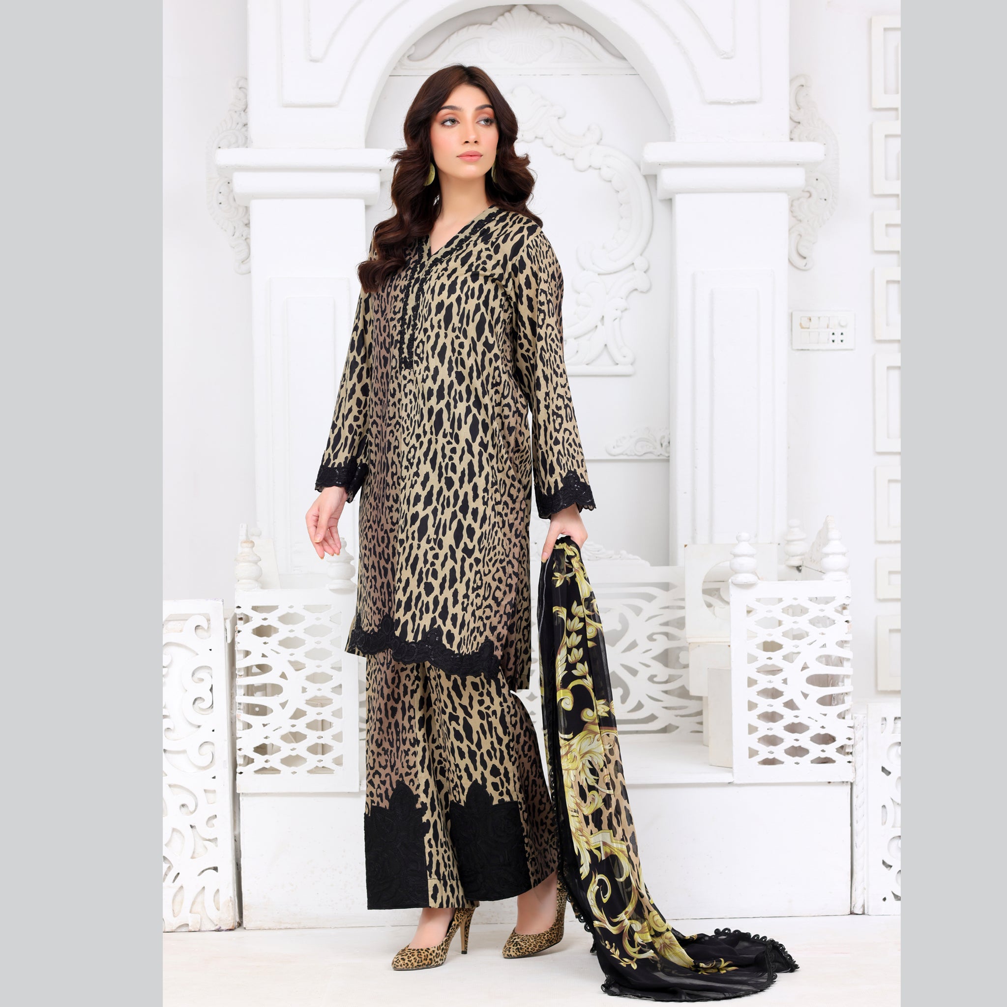 Black & Gold Leopard Print 3 Pcs Dress
