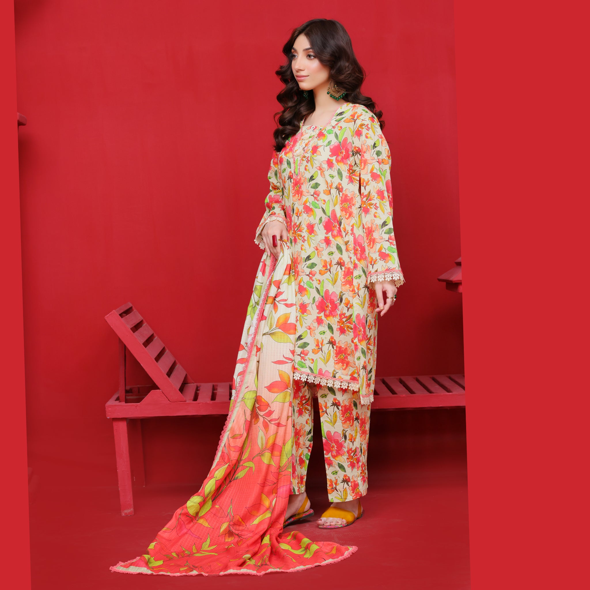 Orange Floral Bloom 3 Pcs Suit